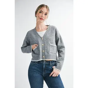 Aemi + Co Cropped Cardigan With Contrast Stitching