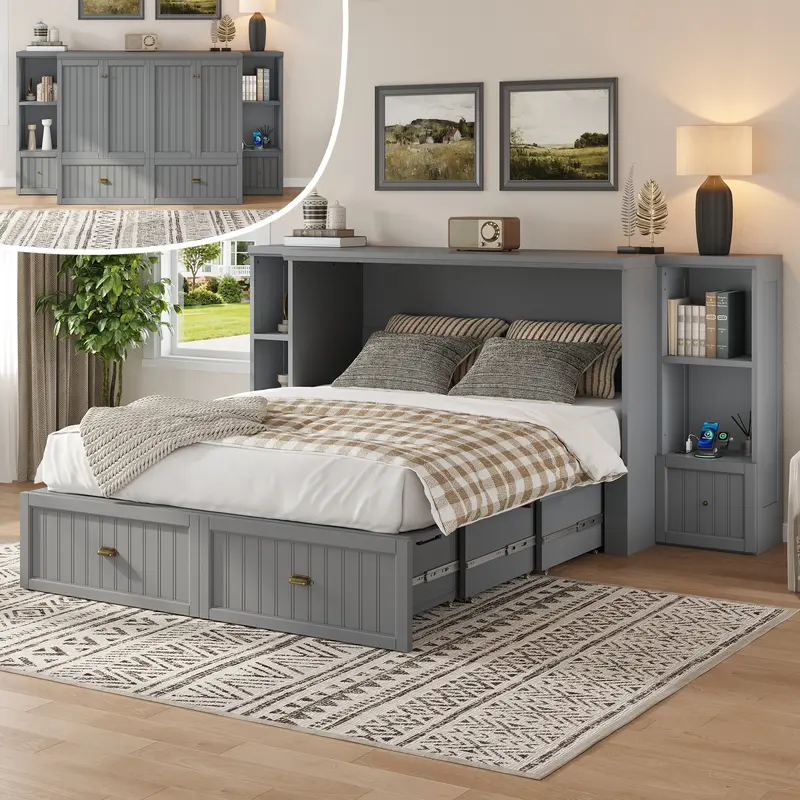 [Ships in 2 Boxes] AMERLIFE Murphy Bed with Bedside Tables, Foldable Cabinet with 3 Storage Drawers & Charging Station, Farmhouse Hideaway Bed for Bedroom/Office/Guest Room