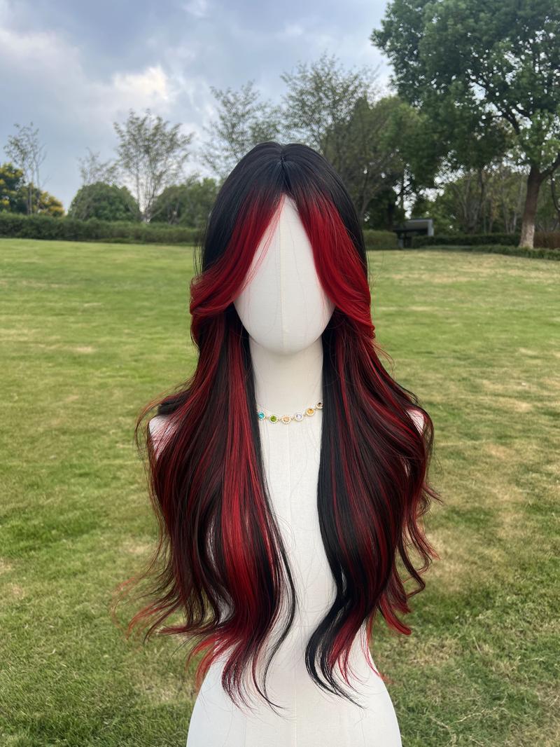 SMILCO 26" Wavy Black & Red Highlights Synthetic Wig Middle Part Glueless Natural-Looking Scalp Full Machine Cap Adjustable Straps Breathable Cap Vibrant Color Soft Texture SM398 SM5029