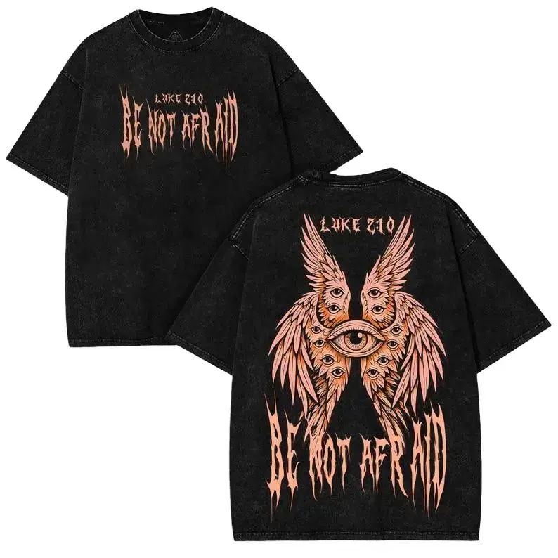 Men's Washed Distressed Gothic Shirt with Angel Faithcore Graphic Print, Shortsleeve Round Neck, Father's Day Gift Idea