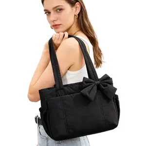 Compact Tote Bag for Women-Friendly Lightweight Puffy Handbag with Cute Bow & Multiple Compartments for Travel Work Beach Gym L974