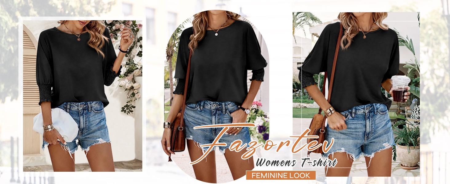 PiePieBuy  Women's 3/4 Sleeve Blouse - Solid Color Crew Neck Shirt | Loose Fit Casual Top Basic Comfort Tshirt Crewneck Womenswear Fitted Streetwear casual outfits women