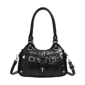 FAURALA Y2K Silver Metallic PU Ita Bag - Gothic Crossbody Shoulder Bag with Clear Window for Anime Pins & Merch | Adjustable Strap, Star & Cross Hardware, Grunge Punk Style | Trendy E-Girl, Harajuku, Cyber Y2K Fashion (Pins & Plush NOT Included)