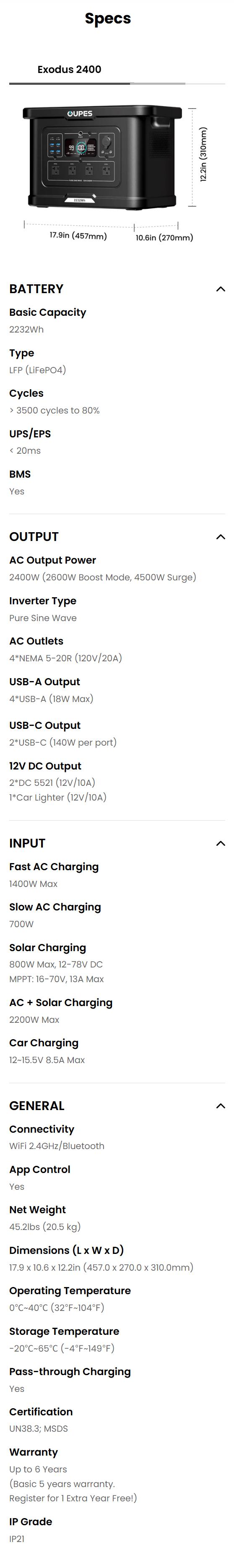 OUPES Exodus 2400W 2232Wh Portable Power Station 2400W Output LiFePO4 Battery Solar Generator for Home Backup Camping & RVs with APP Control