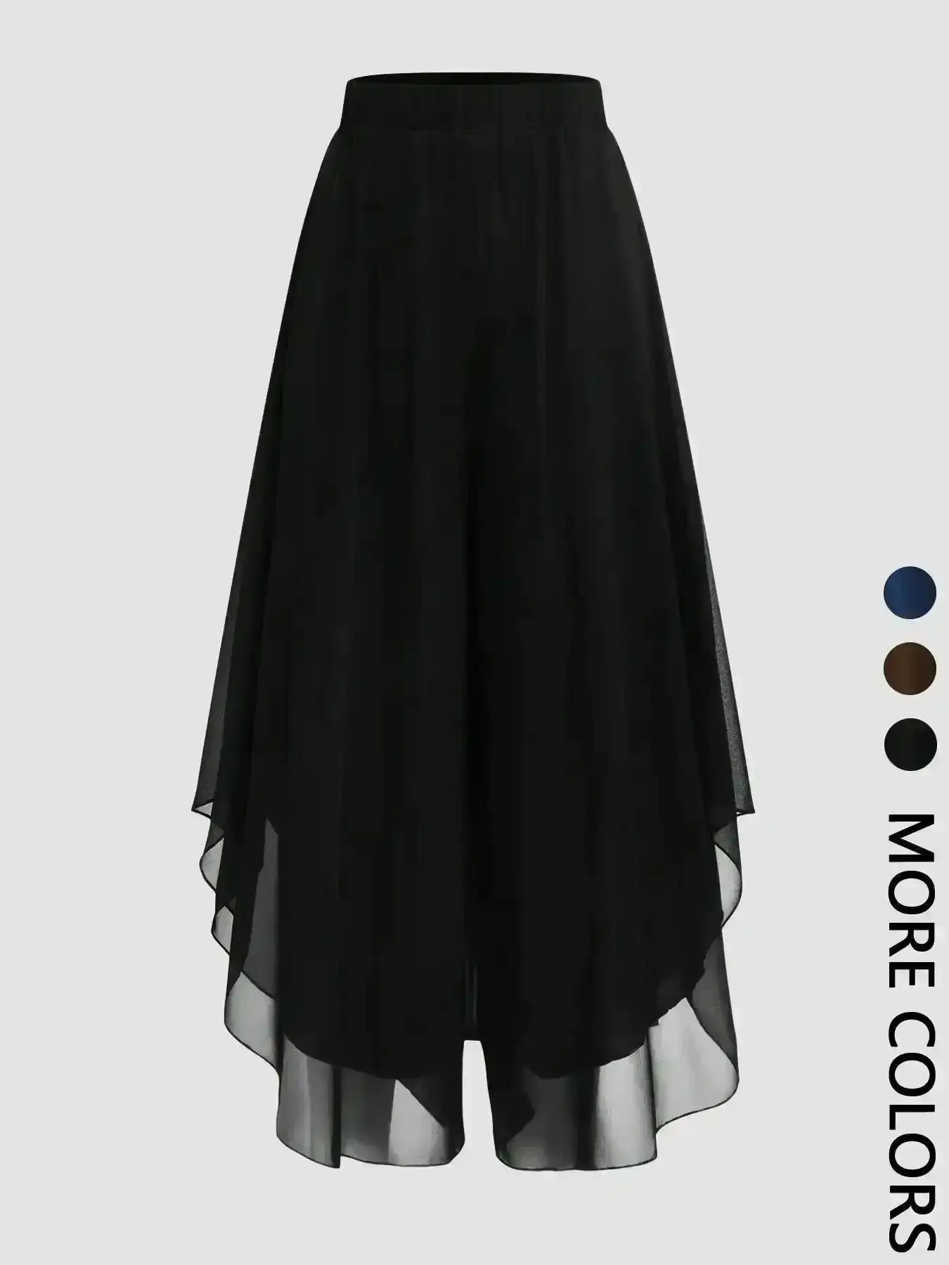 Trendy Spring Summer Women's Black Chiffon Elegant Elastic High Waist Asymmetric Hem Wide-Leg Pantskirt for Office and Daily Wear, Vacation Vibes, Beachwear, Beach Vacation, Tropical Style, Night Out, Workplace Chic
