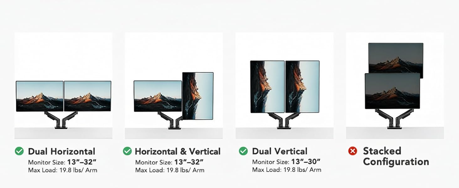 HUANUO Dual Monitor Arm Adjustable Gas Spring Monitor mount for Gaming and Home Office Setups, Monitor Arm hold up to 30" with 19.8 lbs Max Weight and C-Clamp or Grommet Hole Mounting