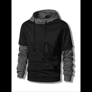 Men's Patchwork Print Hoodie, Casual Regular Fit Long Sleeve Hooded Sweatshirt for Daily Wear, Men's Top for All Seasons Black Menswear Pullover Motocross vacation outfits outfits men vegas outfits