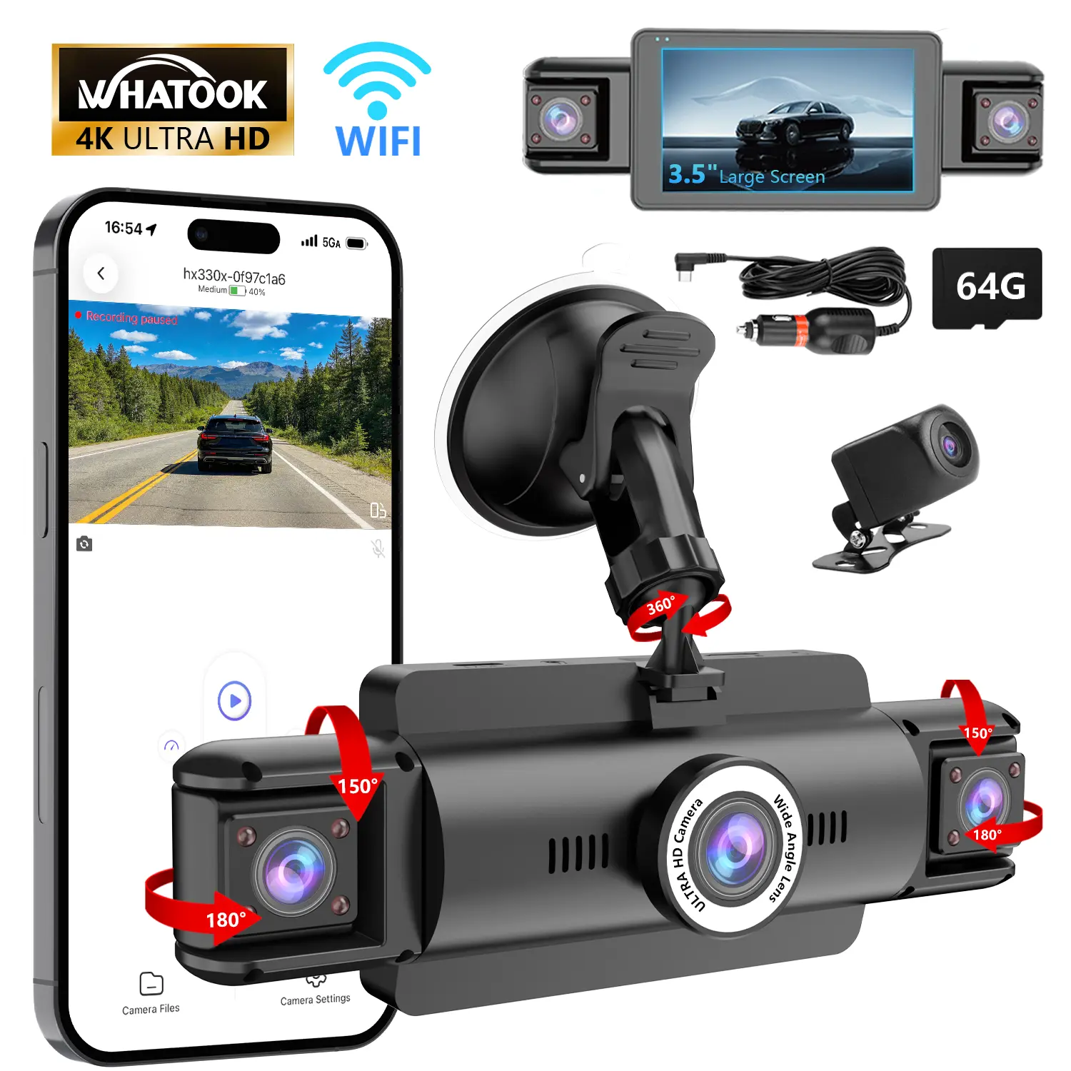 WHATOOK 4-Channel Automotive Dashcam 360° 4K Ultra HD HD Driving Recorder with 3.5" Display, WiFi & APP Control, G-Sensor, Voice Control, 64GB SD Card, Night Vision, 24H Parking Mode