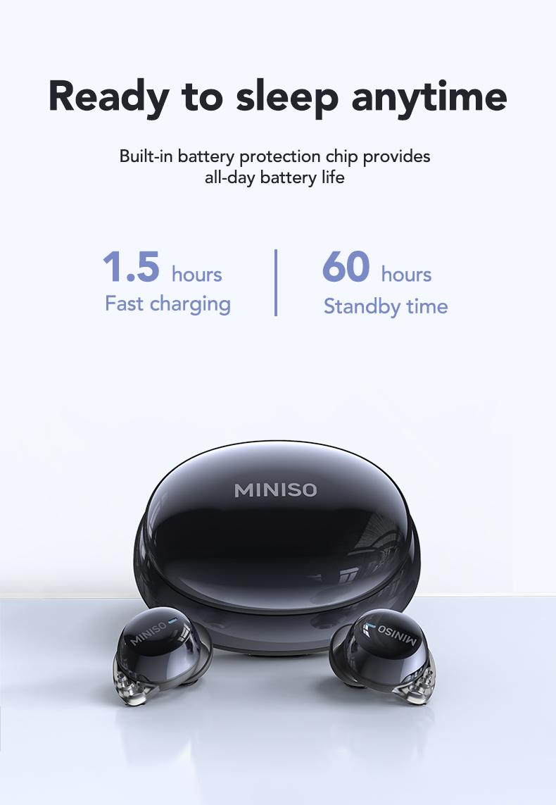 MINISO MS 216 Sleep Headphones, comes with free sleep earplugs, buy one get one free.  These mini wireless Bluetooth 6.0 earbuds feature liquid silicone material, high-definition sound quality, and a battery level display. Suitable for work and travel.
