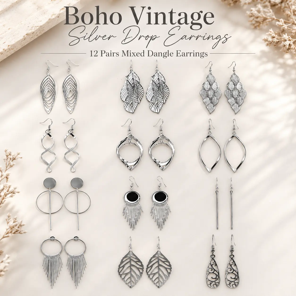 Boho Vintage Silver Drop Earrings - 12 Pairs Mixed Dangle Statement Earrings for Women