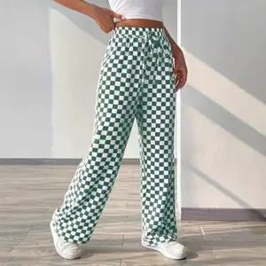 Women's Plaid Print Straight Wide Leg Pants - Fashionable Classic Plaid Trousers Bottoms Breathable