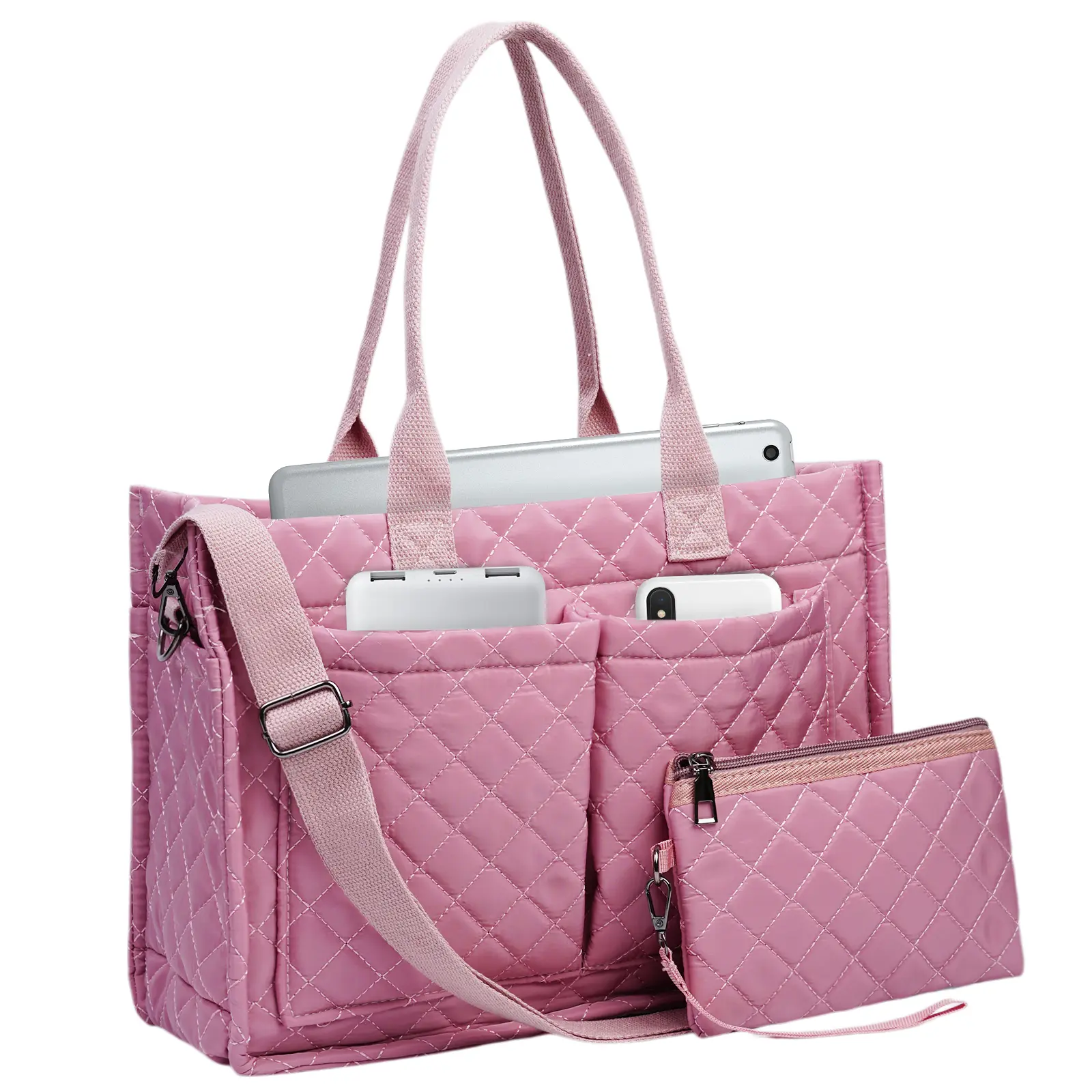 2pcs Quilted  Shoulder Tote Bag with Removable Crossbody Strap for Women, Fits 13″ Laptop or Tablet, Multi-Pocket Organizer , Women’s Laptop Tote ,Lightweight Everyday Work Office School Travel Carryall, Fashionable Crossbody Bag, Work Bags For Women