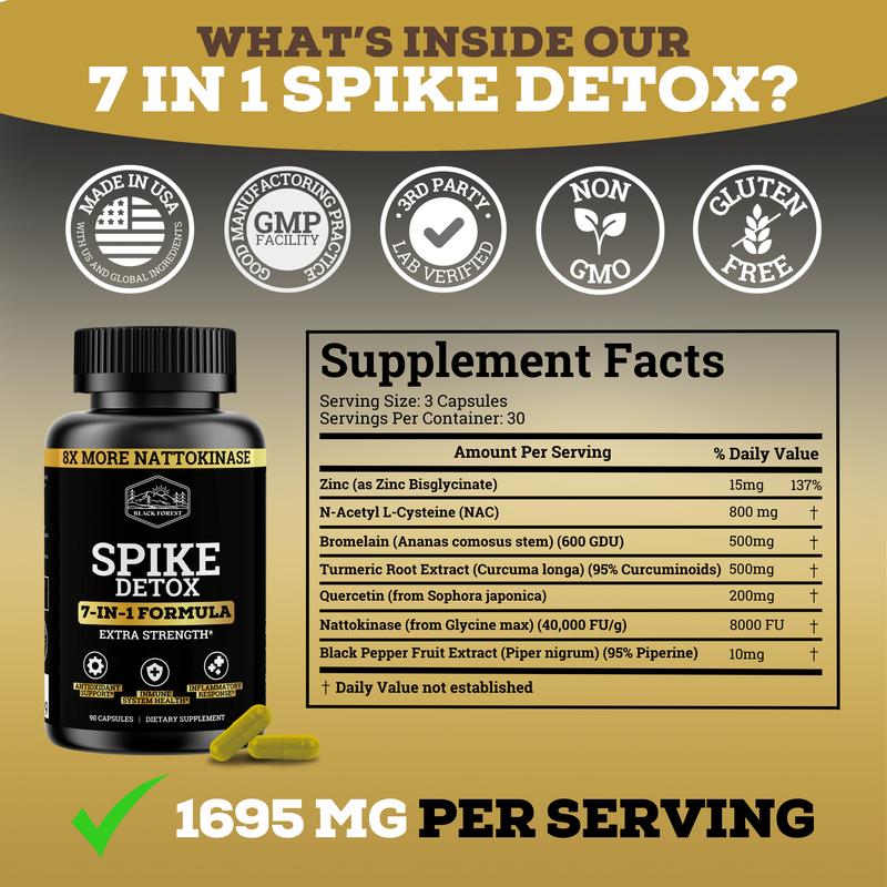 Black Forest Supplements Spike Detox 7-in-1 Formula | Includes 8X More Nattokinase, NAC, Zinc, Bromelain, Nattokinase, Turmeric, Quercetin, Black Pepper. Helps support removal of spike protein from the body.