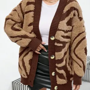 Women's Colorblock Jacquard Button Front Fuzzy Cardigan, Casual Chic Drop Shoulder Long Sleeve V Neck Sweater Cardigan for Fall & Winter, Women's Knit Clothing for Daily Wear