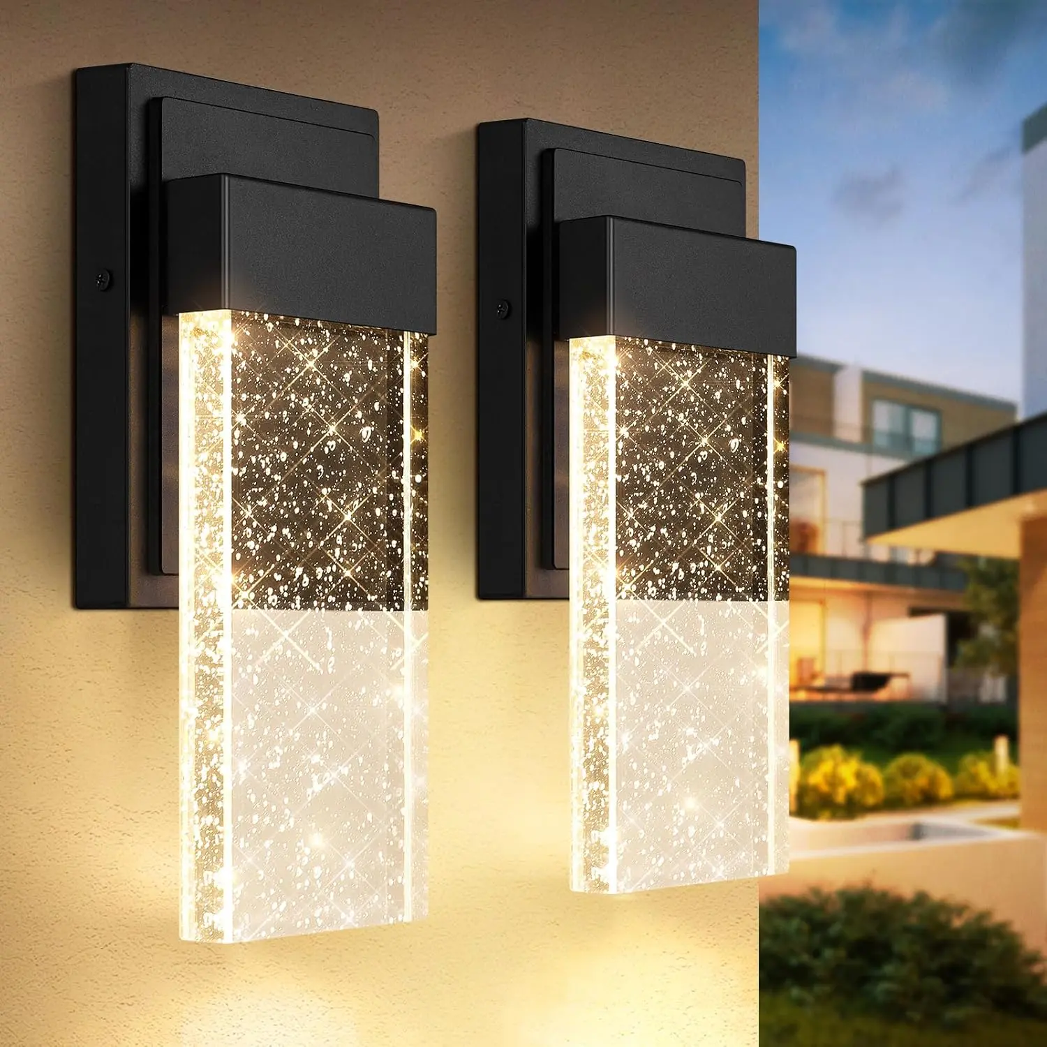 MATULSA  2 Packs Outdoor Wall Light Fixtures with Crystal Bubble Glass, Waterproof Exterior Sconces LED Wall Lanterns, Porch Lights Wall Mounted 10W 3000K Outside Lights for House Front Door Garage Entryway