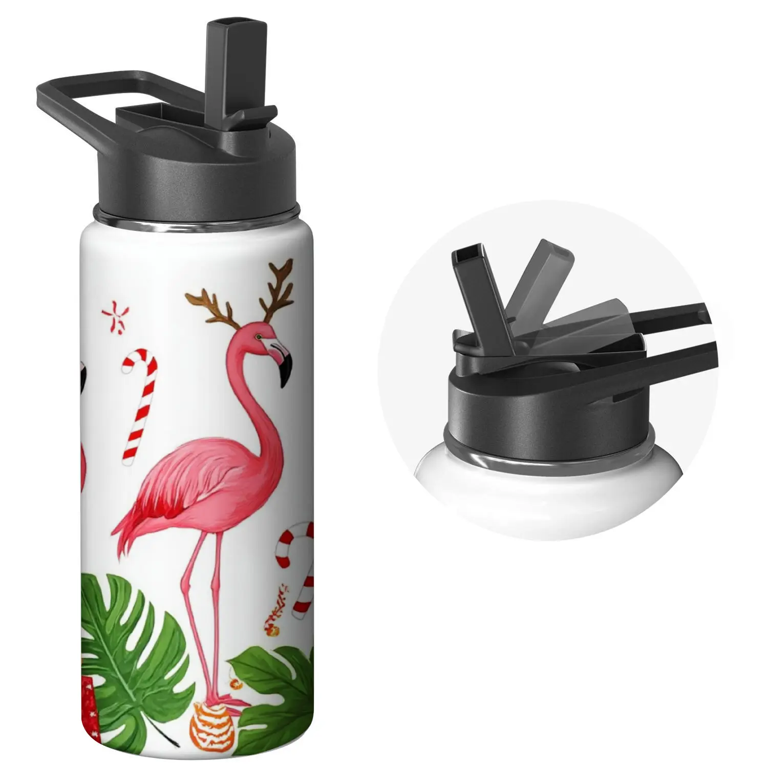 Flamingo Holiday Water Bottle with Flip Lid - White, Pink Flamingo & Christmas Pattern - Outdoor, Travel, Gym, Everyday Use