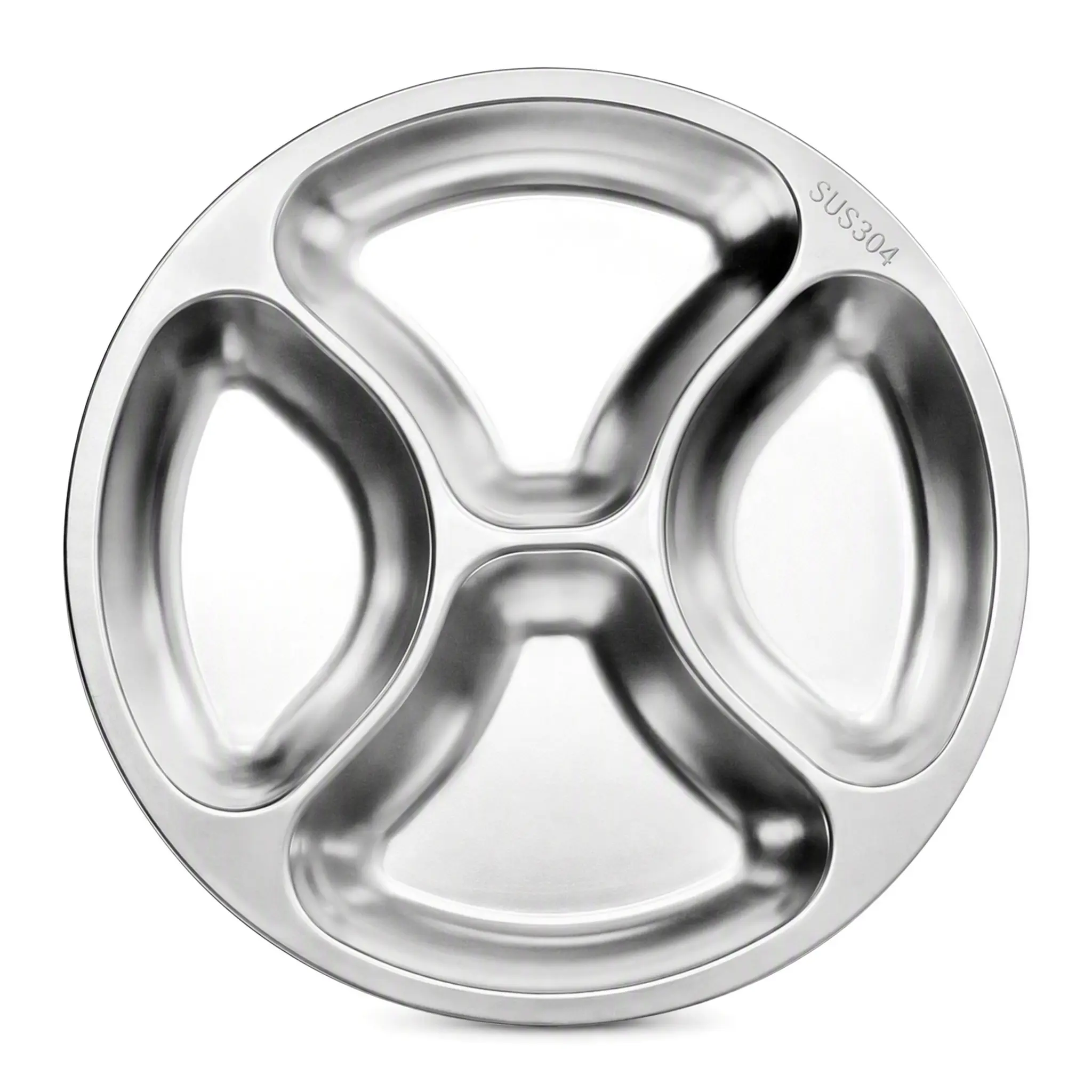 304 Stainless Steel Round Divider Plate - 4-Compartment Circular Reusable Lightweight Portion Tray for Meal Prep, Home Kitchen Dining