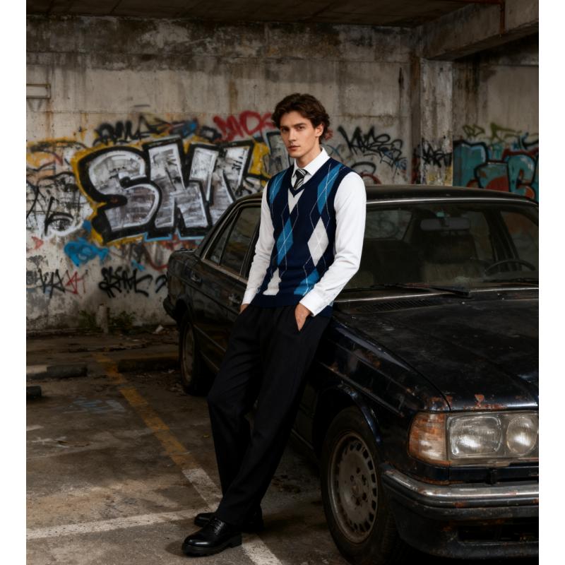 Fall Outfits Men's V-Neck Sleeveless Argyle Sweater Vest Slim Fit Casual Knitted Pullover for Spring Autumn Winter Office Wear & Party Events