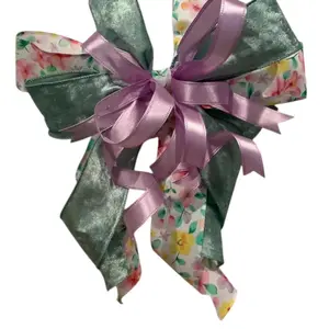 Handmade Spring Floral Bow, Sage Green Velvet, Lavender Ribbon