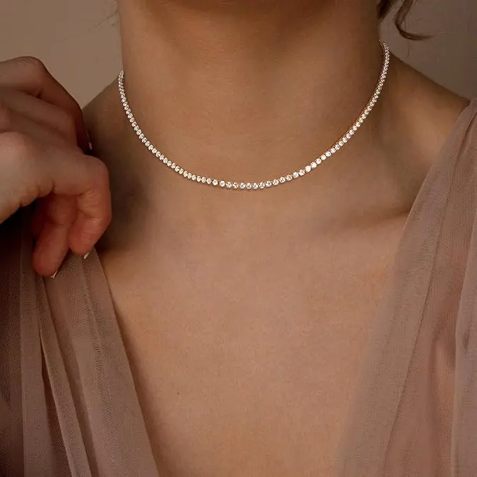 Tewiky Tennis Silver Necklace for Women, 14K Gold Plated/Sterling Silver Cubic Zirconia Chain, Dainty Choker Necklaces for Women Jewelry For Mother's Day gifts summerwins-LB