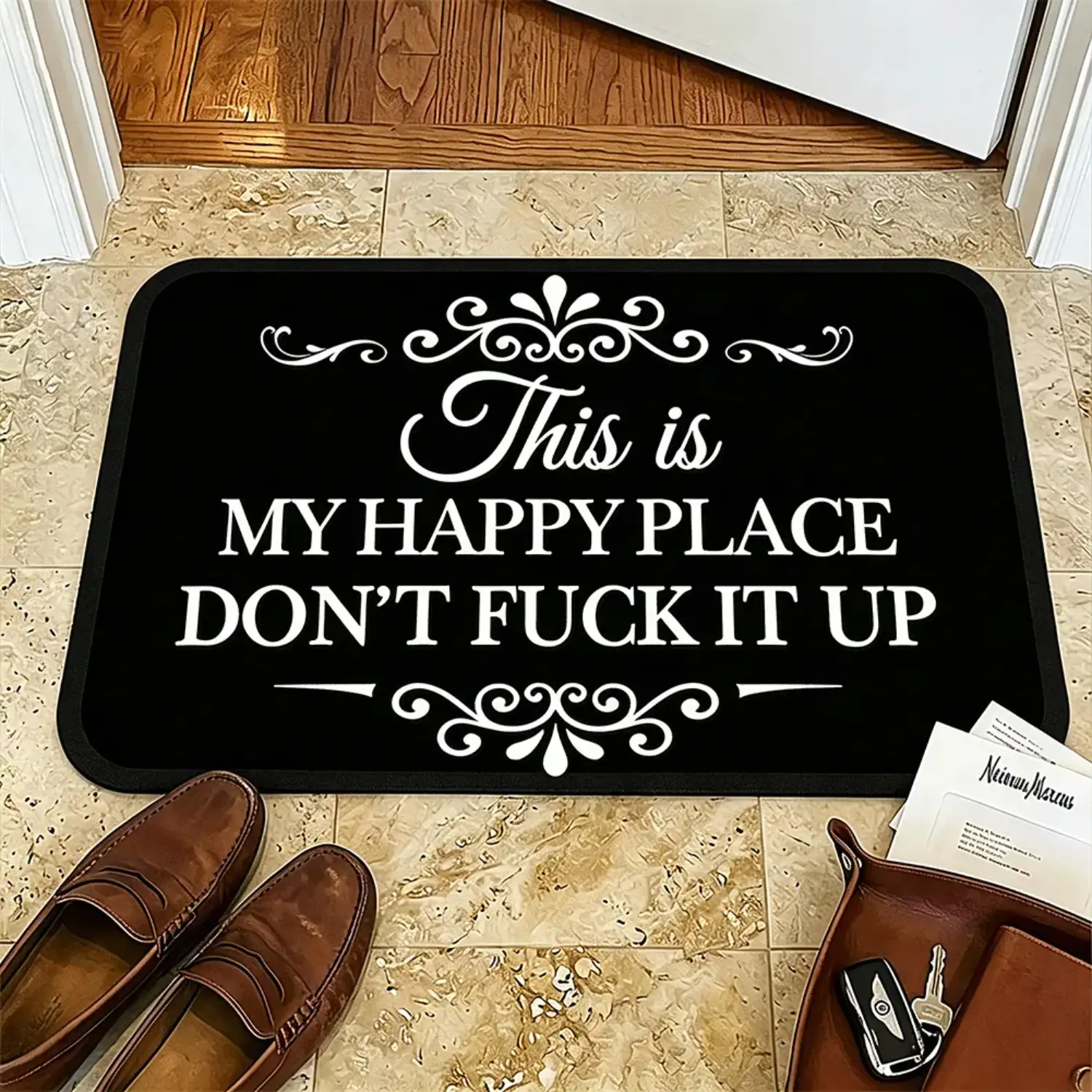 All Black Durable Customised Doormat with Humorous Letters Quote "This Is My Happy Place Don’t F*** It Up", Anti-Slip Rubber Backing, Soft Absorbent Mold-Resistant Diatomite Textile Rug, Front Door Decor (15.75×23.62in/16×24in Small/19.69×31.50in), Funny,