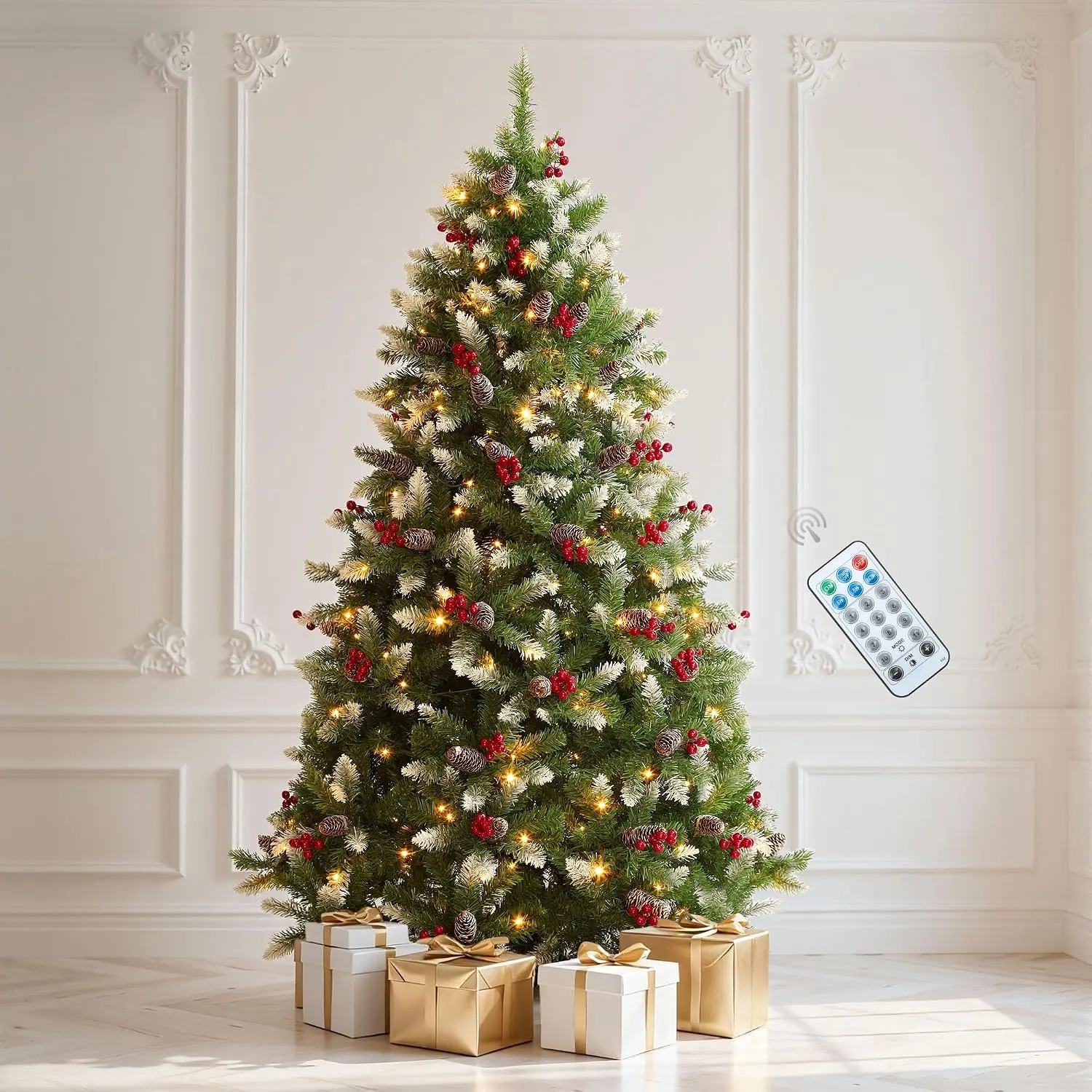 YITAHOME 6/7.5/9ft Pre-lit Christmas Tree, Pre-Decorated Artificial Christmas Trees for Home, Office, Party with with Flocked Frosted Tips & UL Listed Lights, Pine Cones, Berries