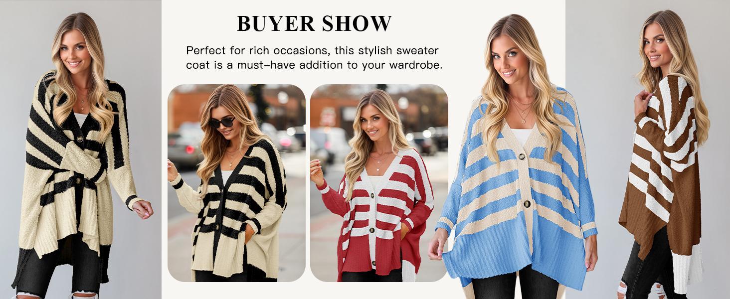 Imily Bela Womens Oversized Striped Cardigan Sweaters V Neck Fuzzy Knit Button Up Side Slit Fall Sweater Coats