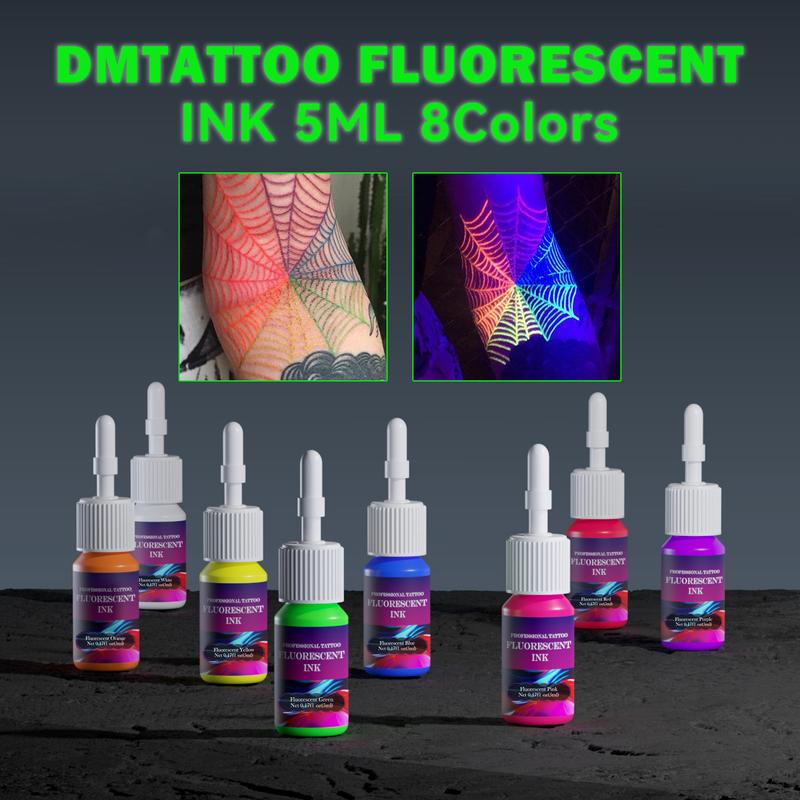 DMTATTOO 5ML Fluorescent Tattoo Ink 8pcs Kit UV Tattoo Pigments Natural Plant Extract Pigment Professional Tattoo Inks 8 Colors for Body Art