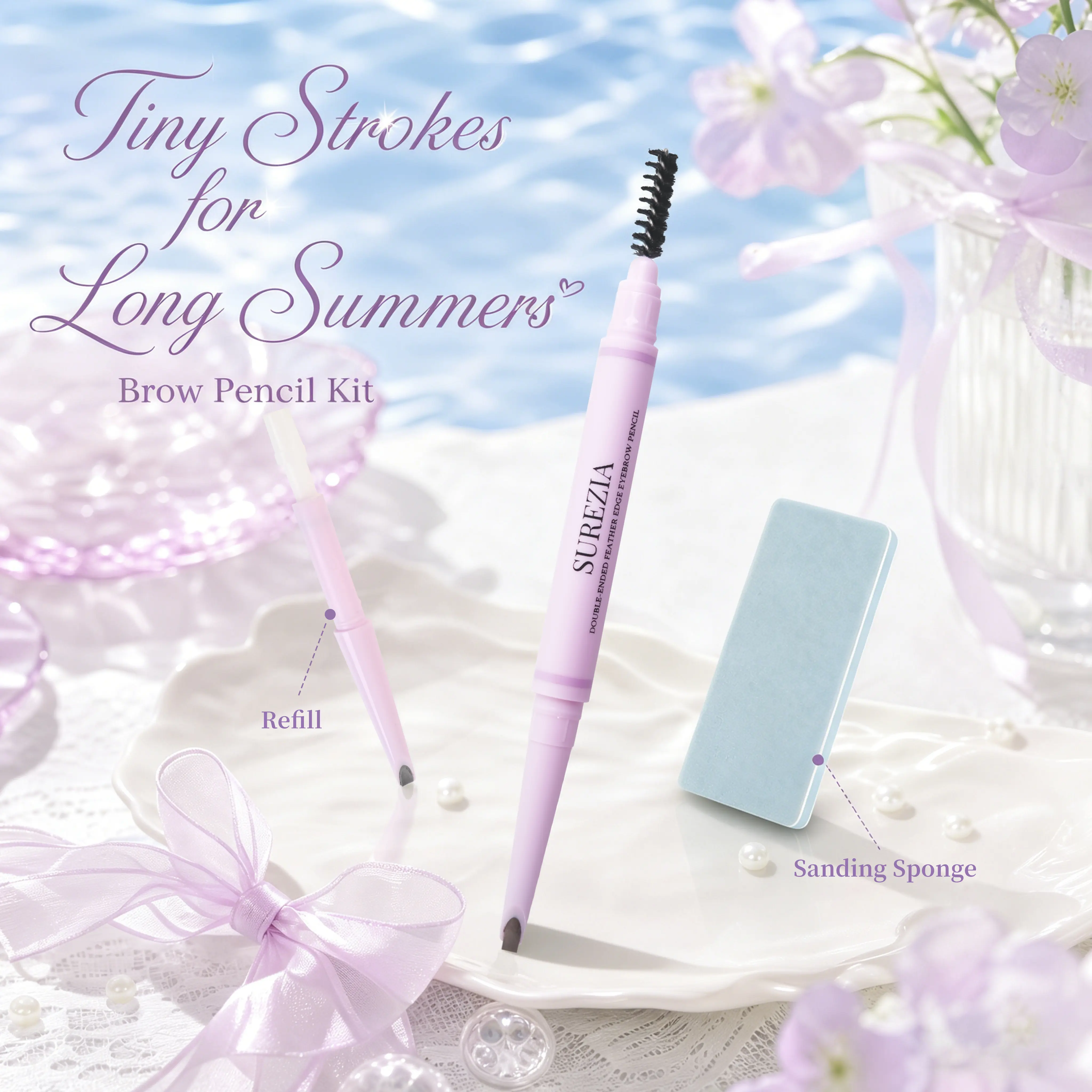 SUREZIA Feather Edge Brow Pencil 3-in-1 Kit (Pencil + Refill + Sanding Sponge) Dual-Effect Tip for Two Looks
