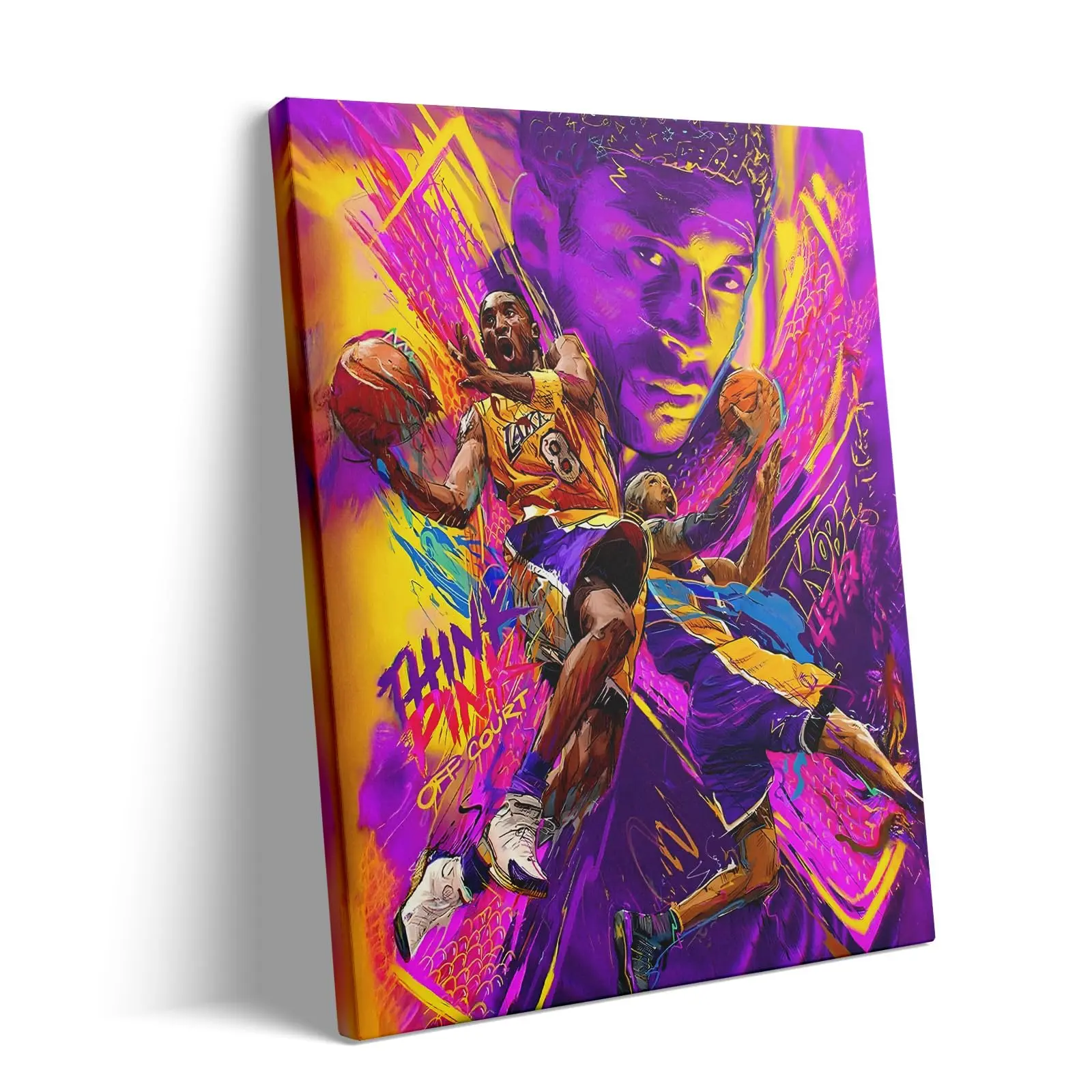 Kobe Bryant Canvas Wall Art Decor - Vibrant Basketball Action Poster with Iconic Lakers Colors, Graffiti Style Mamba Mentality Artwork for Home