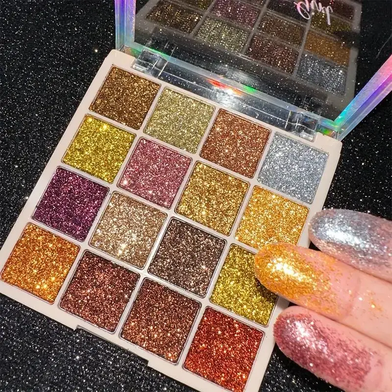 16 Color Glitter Eyeshadow Palette, Highly Pigmented Shimmering Eyeshadow Powder, Multipurpose Eye Shadow Makeup Products for Stage, Party, Cosmetic, Multifunctional Makeup Palette