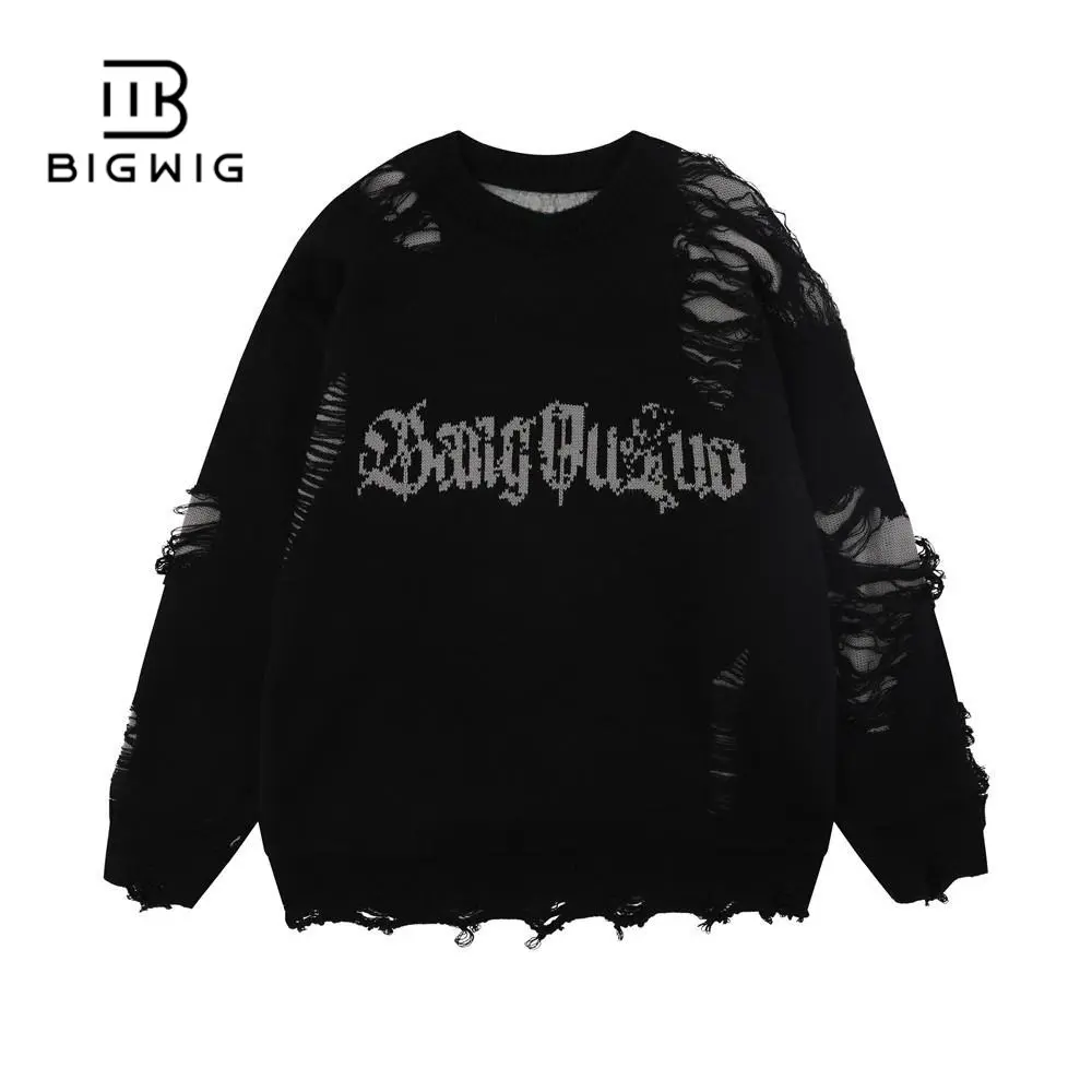 BIGWIG street fashion hole sweater, loose knit sweater, hole oversized pullover, Harajuku hip-hop street style pullover, hole tassel turtleneck sweater, lazy crochet hole sweater, round neck sweater, loose long-sleeved casual pullover sweater