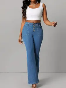 Plus Size High-Waisted Button Fly Flare Jeans with Front Pockets Curvy Fit Stretchy & Flexible Construction Vintage Style Women's Bottom - Womenswear