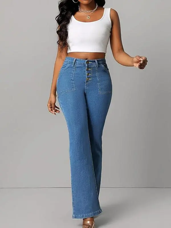 Plus Size High-Waisted Button Fly Flare Jeans with Front Pockets Curvy Fit Stretchy & Flexible Construction Vintage Style Women's Bottom - Womenswear
