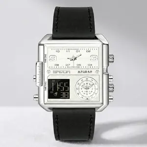 Men's Military Sport Watch Large Square Face Dual Display Analog Digital Quartz Watch 30M Waterproof Leather Strap Fashion Business Casual Wristwatch for Men