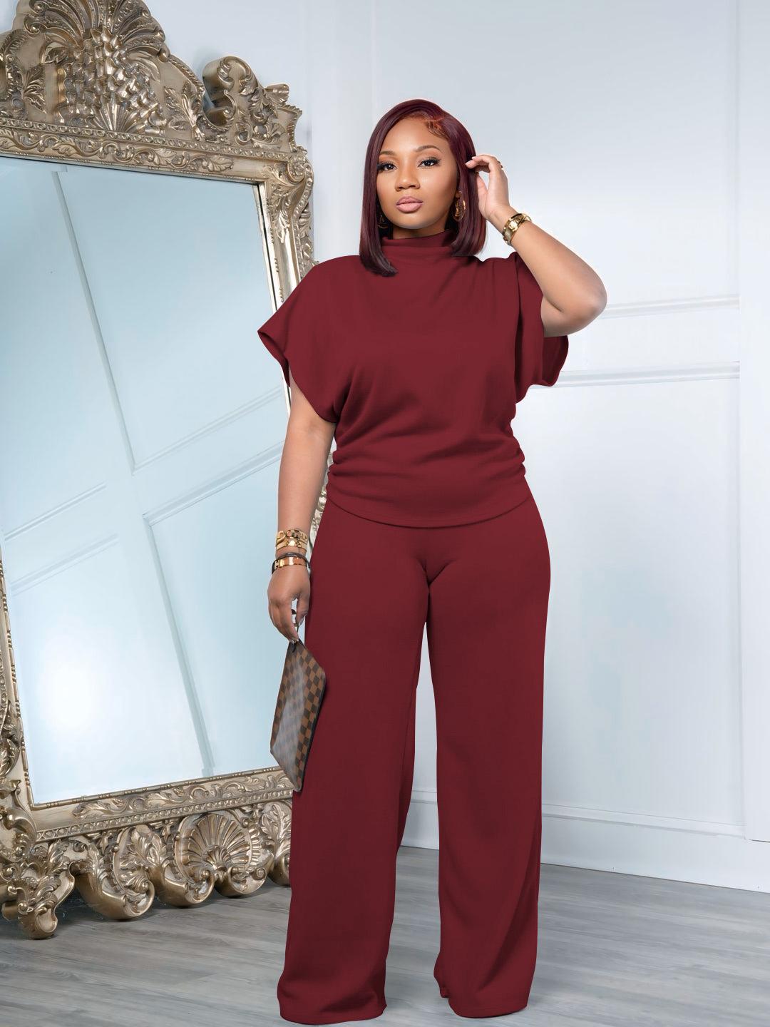 USBoutique Chic Women Summer Lightweight And Silky Soft Set Two Piece Casual Set Short Sleeved Semi High Neck Loose Top Wide Leg Pants Set