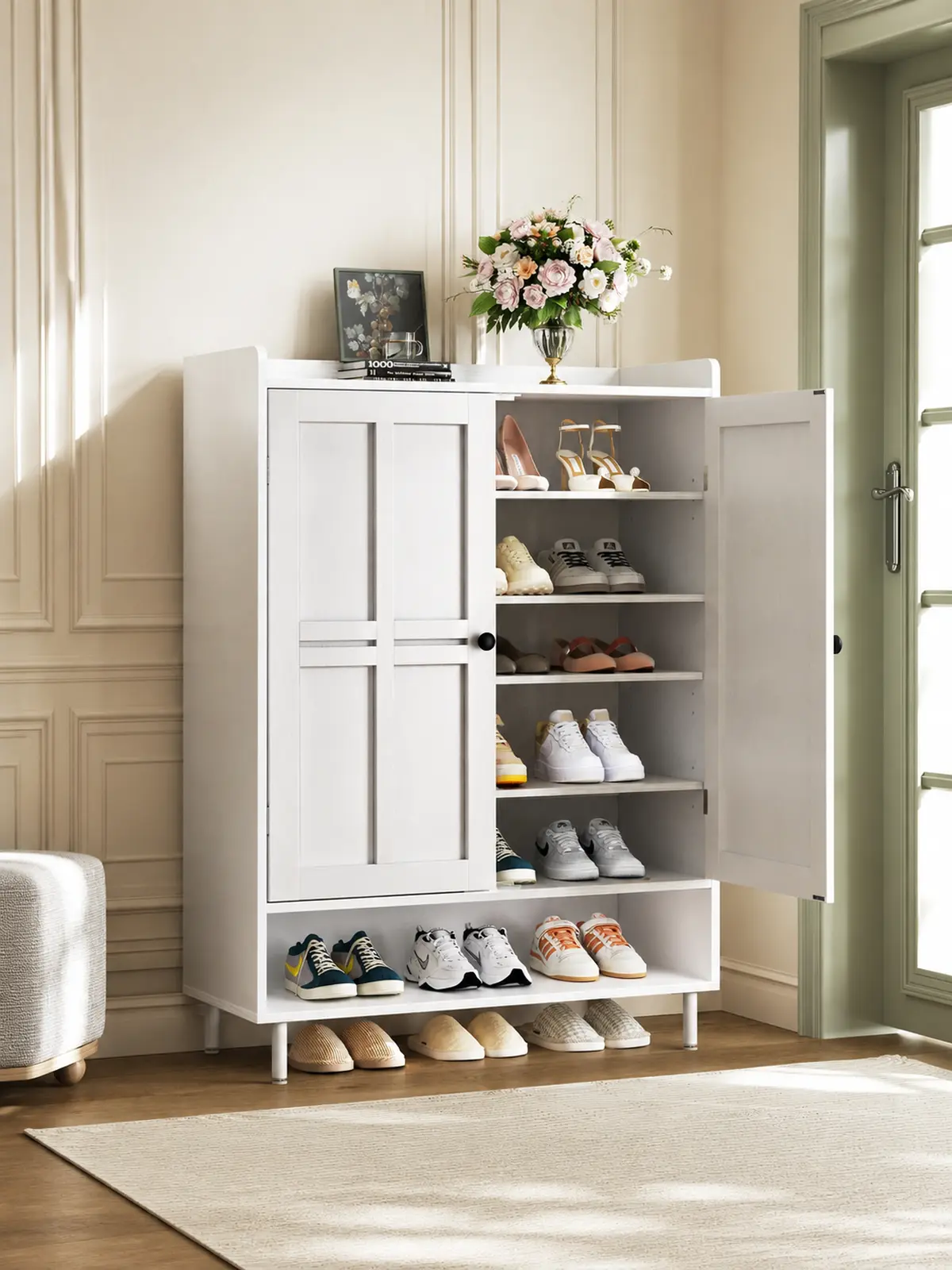 【18-24 Pairs & Adjustable Shelves】ONBRILL 7+1 Tier Farmhouse Shoe Storage Cabinet,  45'' Tall Modern Shoe Cabinet with Metal Legs, Shoes Rack Organizer Cabinet for Entryway, Front Door,Livingroom Bedroom Furniture,Christmas Gift【BackToSchool】