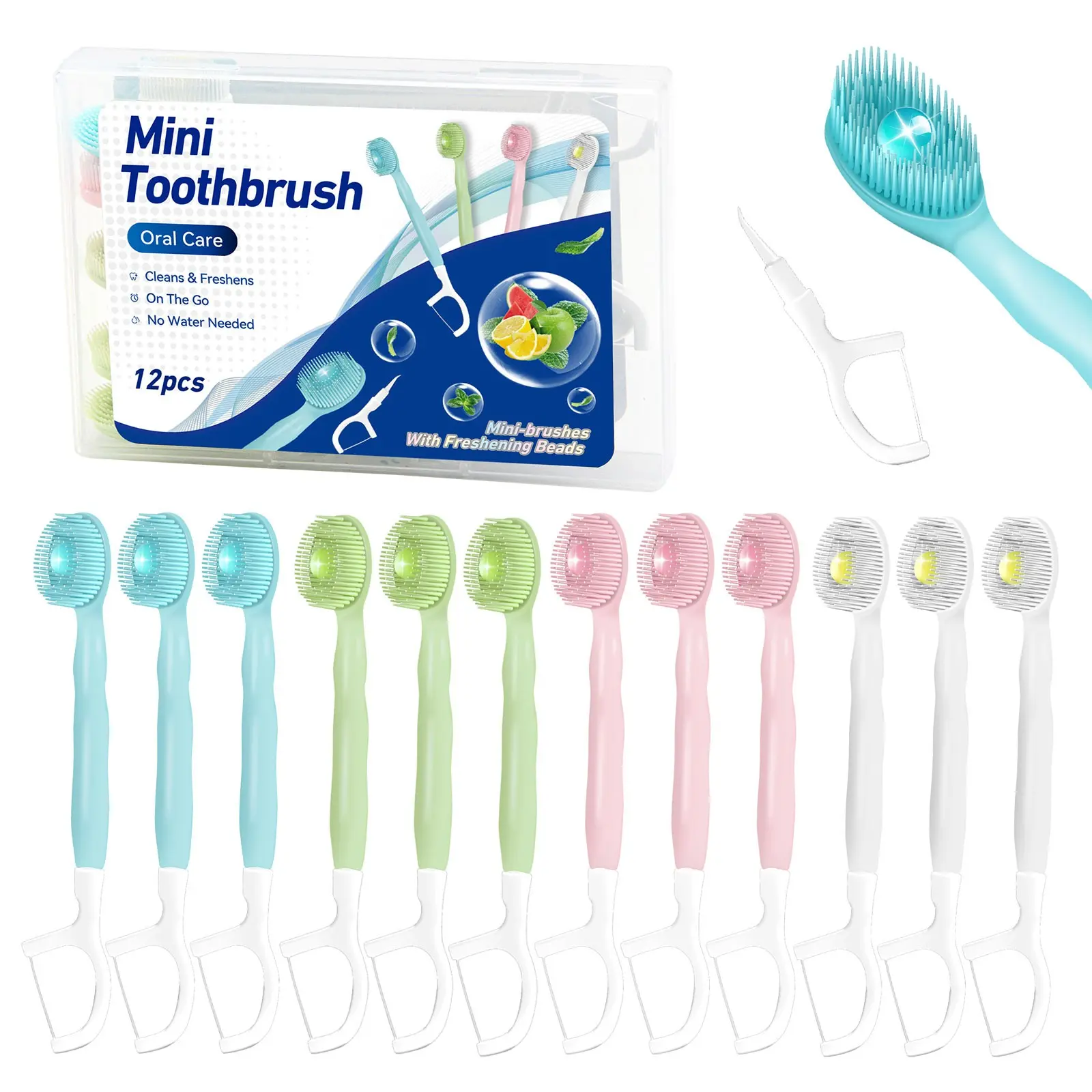 Box of 12 Disposable Mini Toothbrushes, On The Go Toothbrush Disposable, with Pre-pasted Toothpaste, Tongue Scraper, and Toothpick, All-in-One Oral Care Toothbrush Set for Portable Teeth Cleaning, Fresh Breath at Work or While Traveling, No Water Needed