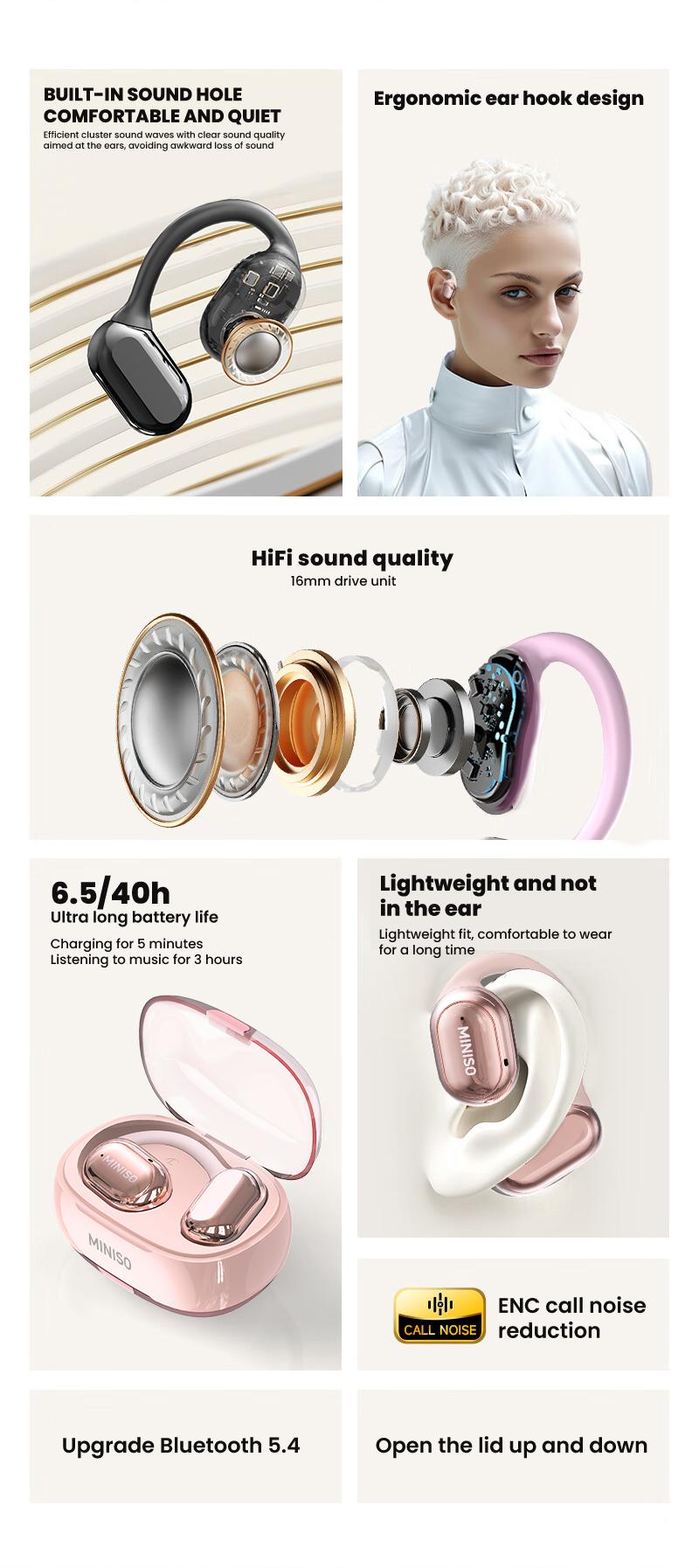 Miniso X39 True Wireless Open Ear Headphones , Bluetooth 5.4 Long Battery Time Earbuds , HiFi Sound Over Ear Headphones