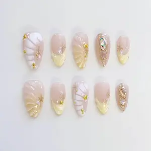 Fairycorn Almond Press On Nails, Yellow 3D Flower Nails