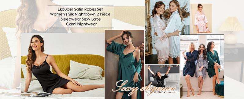 Ekouaer Women's Silk Robe Pajama Set 2-piece Sexy Lace Pajama Set, Silk Sexy Strap Skirt and Matching Rope Robe Pajama Set, s-XXL Comfort Satin Ekouaer Women's Silk Robe Pajama Set 2-piece Sexy Lace Pajama Set, Silk Sexy Strap Skirt and Matching Rope Robe Pajama Set, s-XXL Comfort Satin