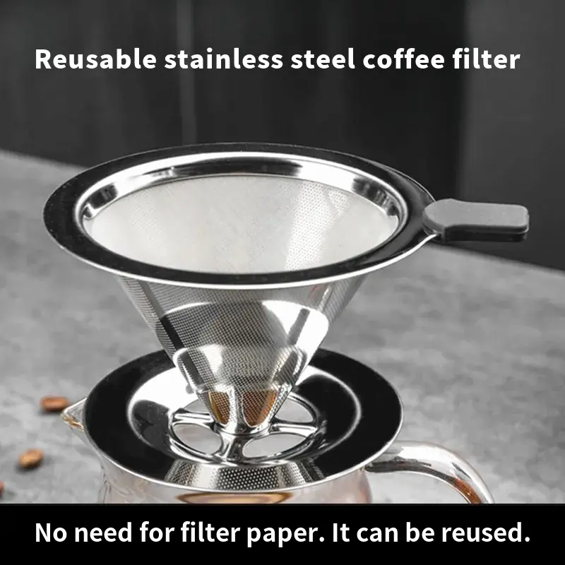 Coffee filter cup, hand-brew coffee filter, 304 stainless steel double-layer coffee filter, no filter paper required, washable coffee filter, reusable filter cup.