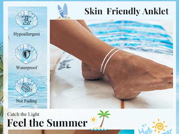 TEWIKY Dainty Layered Waterproof Anklet For Women Adjustable Womens Anklet Set Stackable Figaro Beaded Cuban Link Anklets Daily Clothing Decor For Beach Summer Trendy All-match & Exquisite Jewelry Back To School