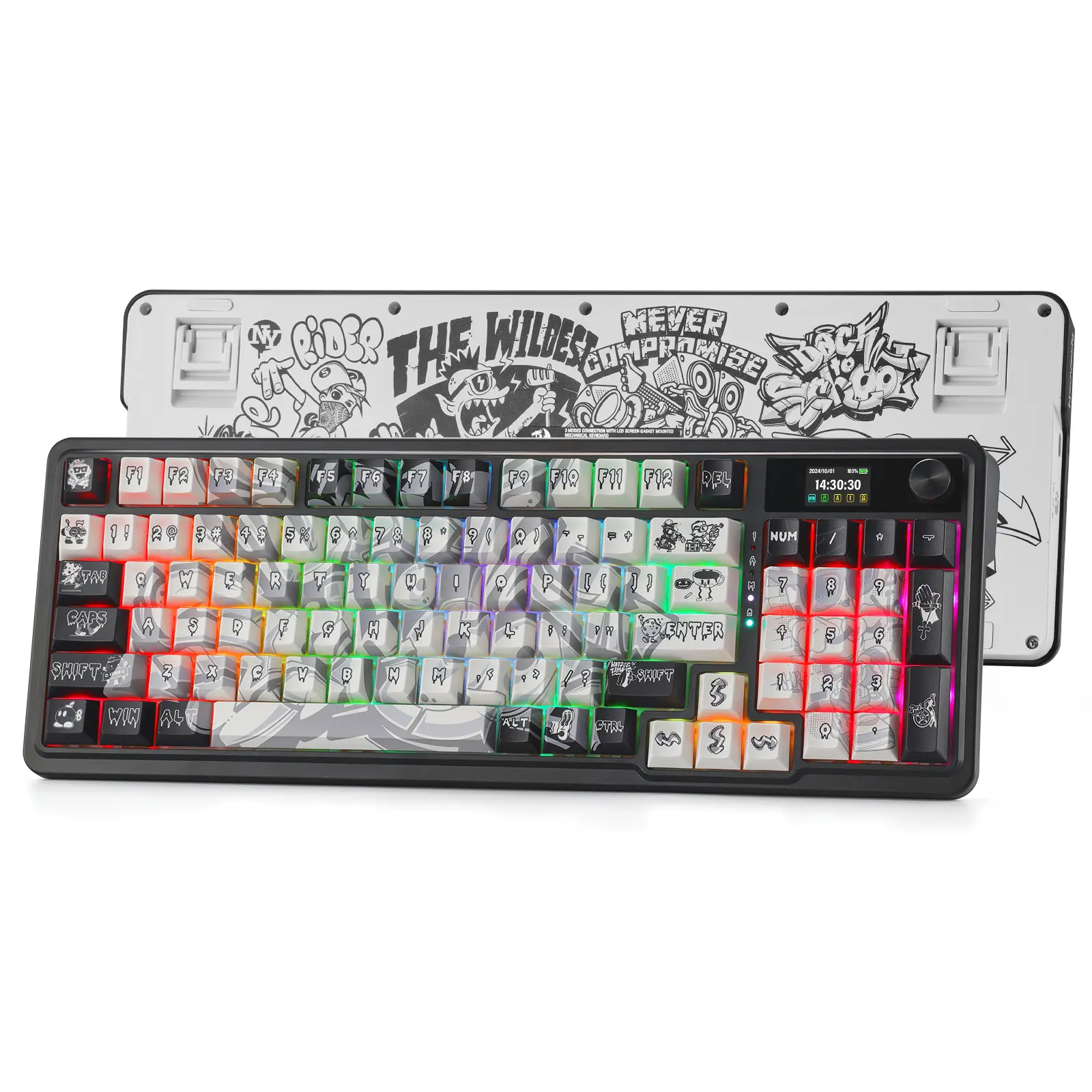 Redragon K719 PRO Wireless Gasket Gaming Keyboard w/Hype Screen & Knob, 95 Keys Mechanical Keyboard, Easy-Control 1.14’’ TFT Info Display, 5-Layer Noise Dampening, Street Graffiti Dye-Sub PBT Keycaps, Street Graffiti,back to school,back to school haul