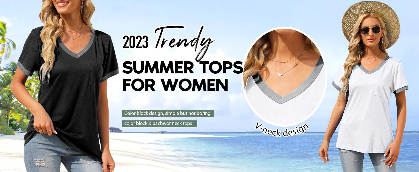 OFEEFAN Womens T Shirts Short Sleeve V Neck Loose Casual Summer Tops with Pocket Womenswear Vneck