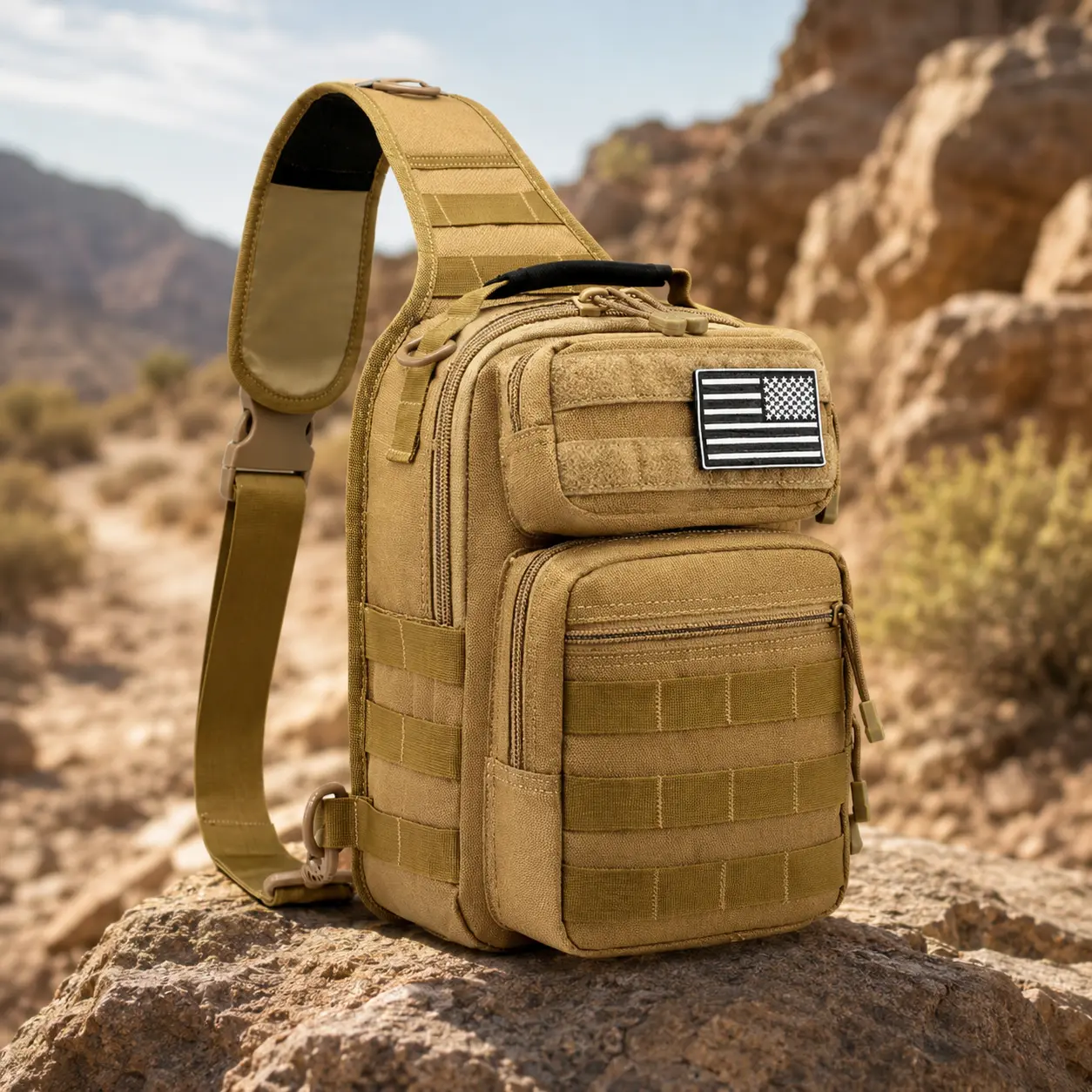 Tactical Sling Bag Backpack - Military Rover Polyester Shoulder Sling Pack, Small EDC Crossbody Chest Bag for Men with USA Flag Patch, Durable Water-Resistant, Holds Chargers, Notebook, Keys, Cell Phone, MOLLE, US Shipping