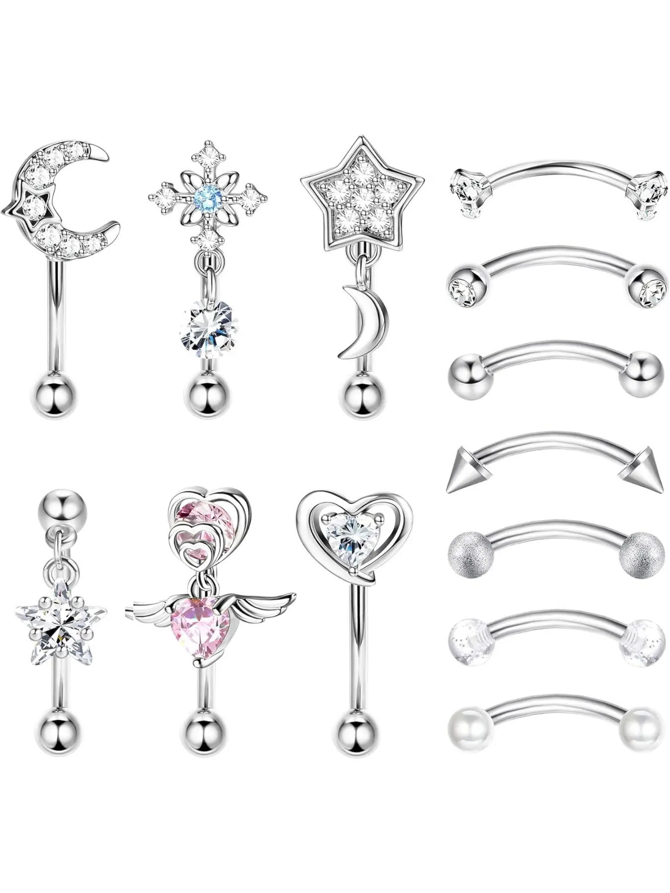 13Pcs Rook Piercing Jewelry Fashion Body Jewelry Eyebrow Rings for Women 16 G Surgical Steel Curved Barbell Rook Earrings Lip Rings Rook Eyebrow Cartilage Daith Surface Tragus Piercing Jewelry Body Piercings Set