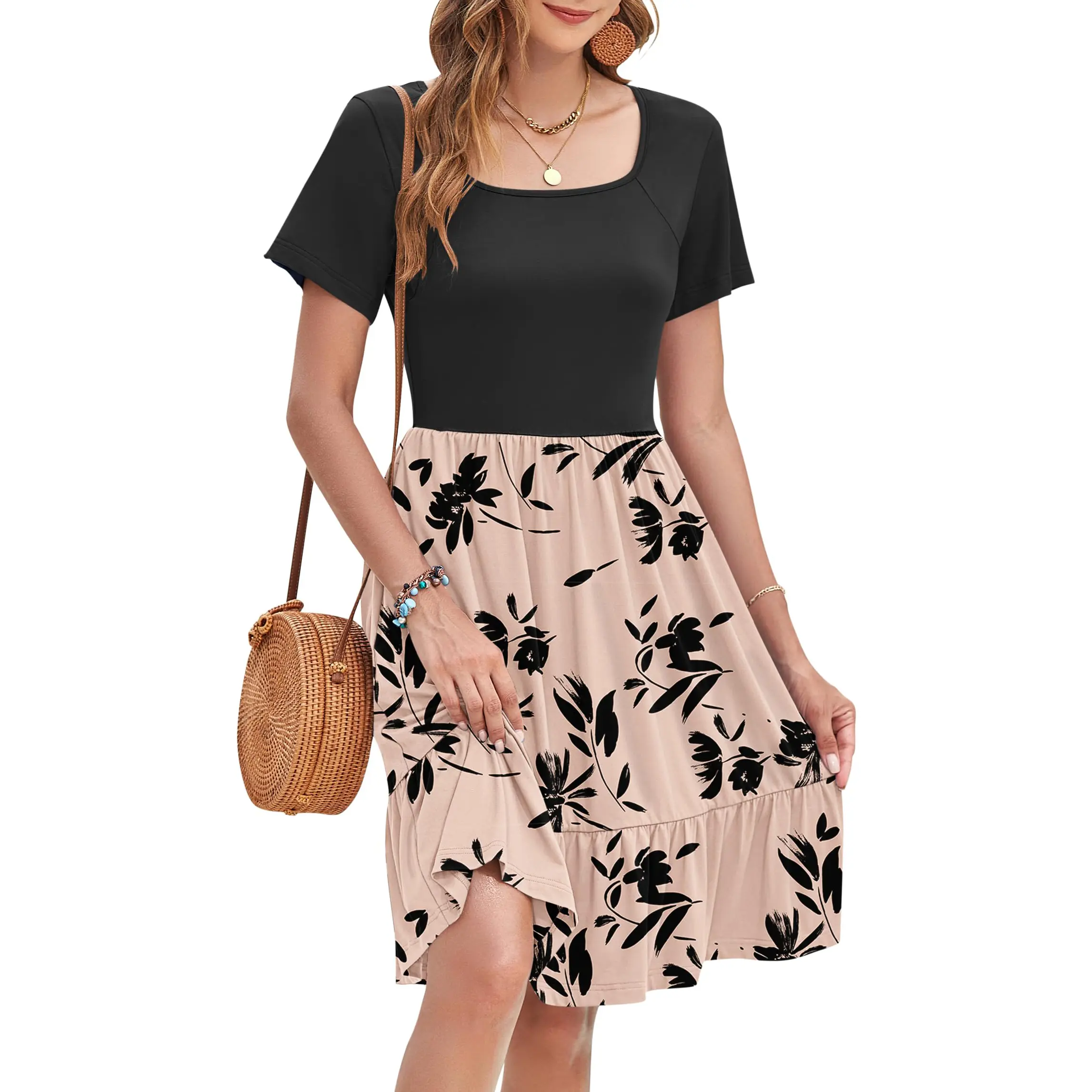 AUSELILY Womens Square Neck Dresses Casual Short Sleeve Dress A-Line Ruffle Sundress with Pockets