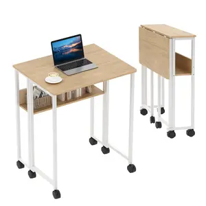 Folding Desk Small Rolling Desk with Storage Shelf,24.8 Inch Foldable Computer Table with Wheels,Portable Office Desk for Small Space Sofa Table, Oak