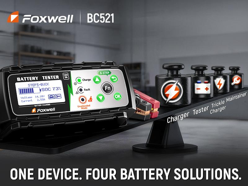 FOXWELL BC521 4-in-1 Car Battery Charger, 5A 12V Charging System Tester and Maintainer, 5A Smart Trickle Charger and Starter, Smart Eight-Stage Charging, Pulse Repair, LCD Display, Suitable for Unattended Operation in Cars/RVs/Motorhomes.